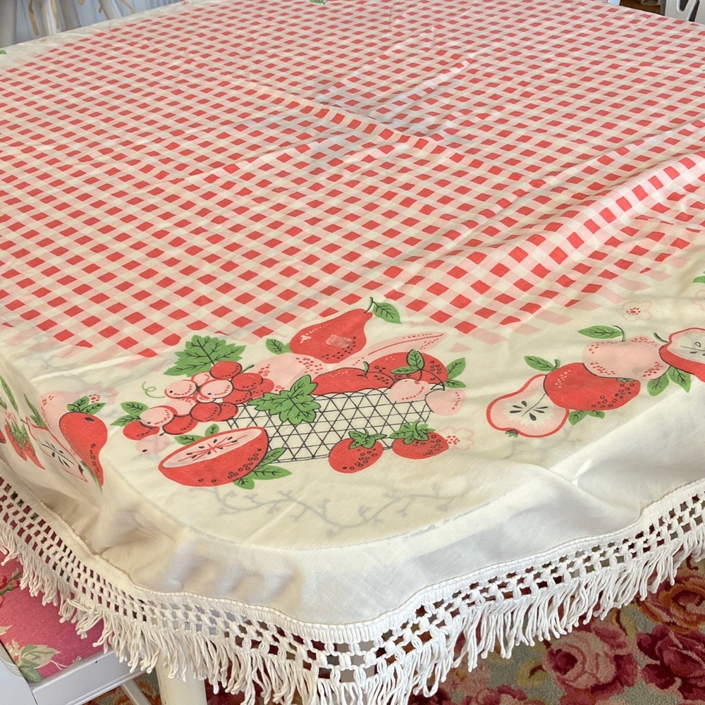 MCM Retro Vintage Red Gingham Fruit Print Tablecloth with Fringe, 60” Round